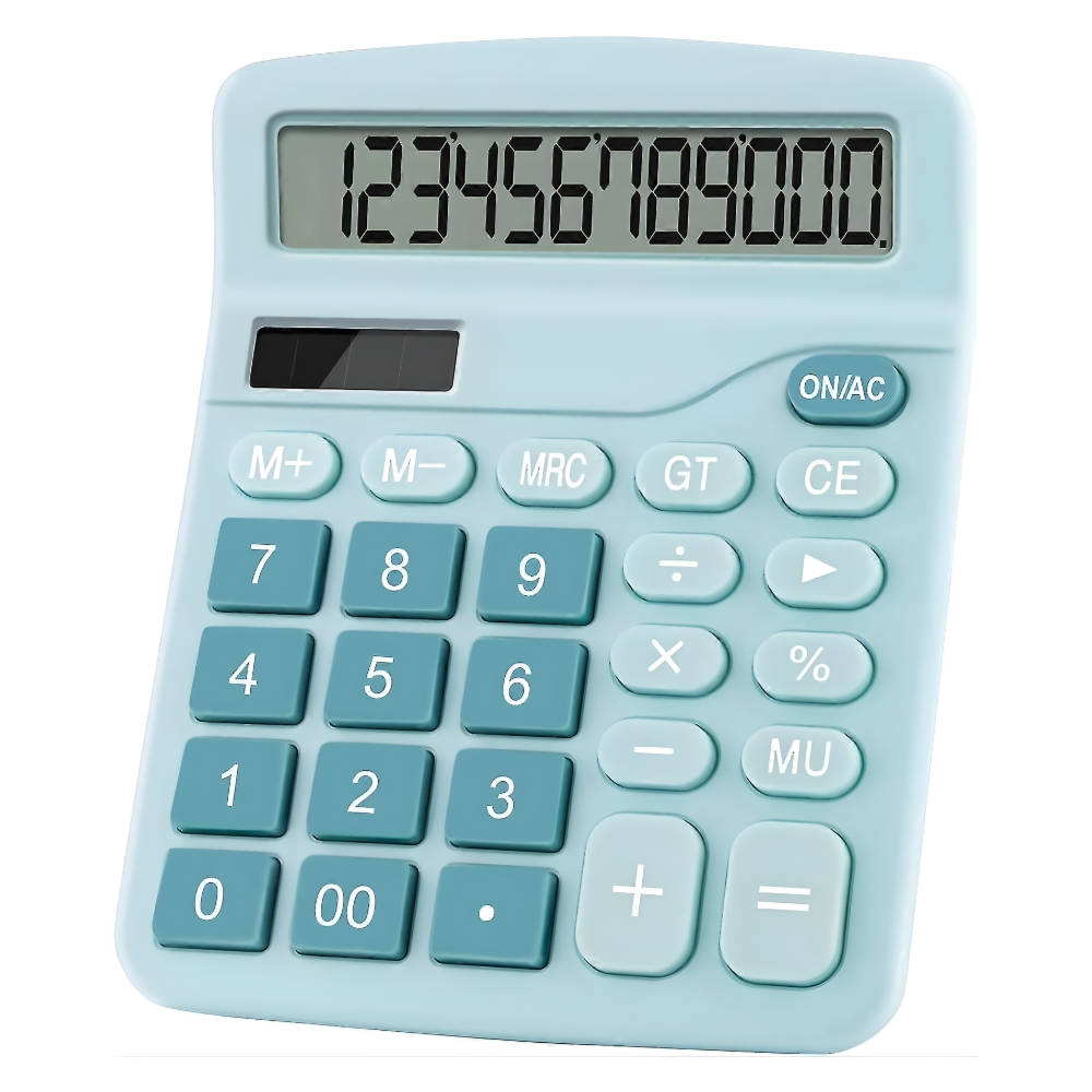 Premium 12-Digit Desktop Calculator - Dual Power (Solar & Battery) - Ergonomic Design - Mint Blue