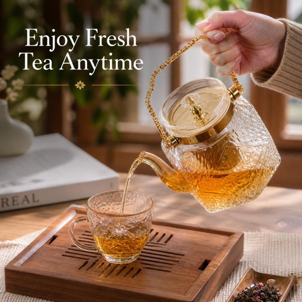 Luxury Heat Resistant Borosilicate Glass Teapot With Golden Handle Infuser 1000Ml