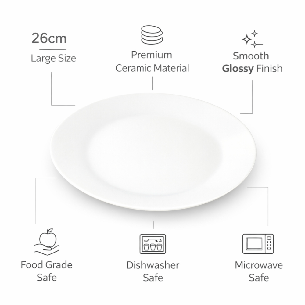 Premium 26cm White Ceramic Dinner Plate – Elegant Round Serving Plate for Home, Hotel & Restaurant Use