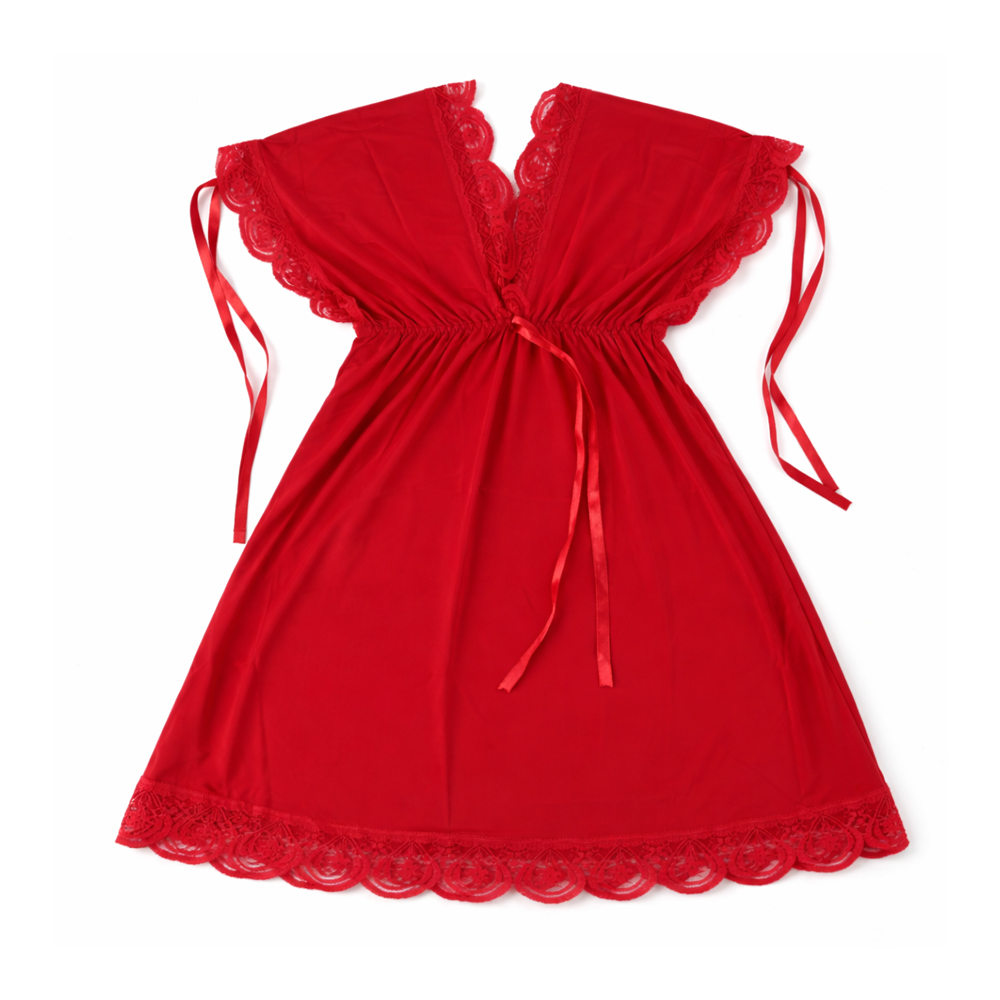 Women’s Stylish Lace Nightgown – Soft Short Sleeve Sleep Dress with Waist Tie for Comfortable Nightwear Polyester Fabric (Height 70cm)