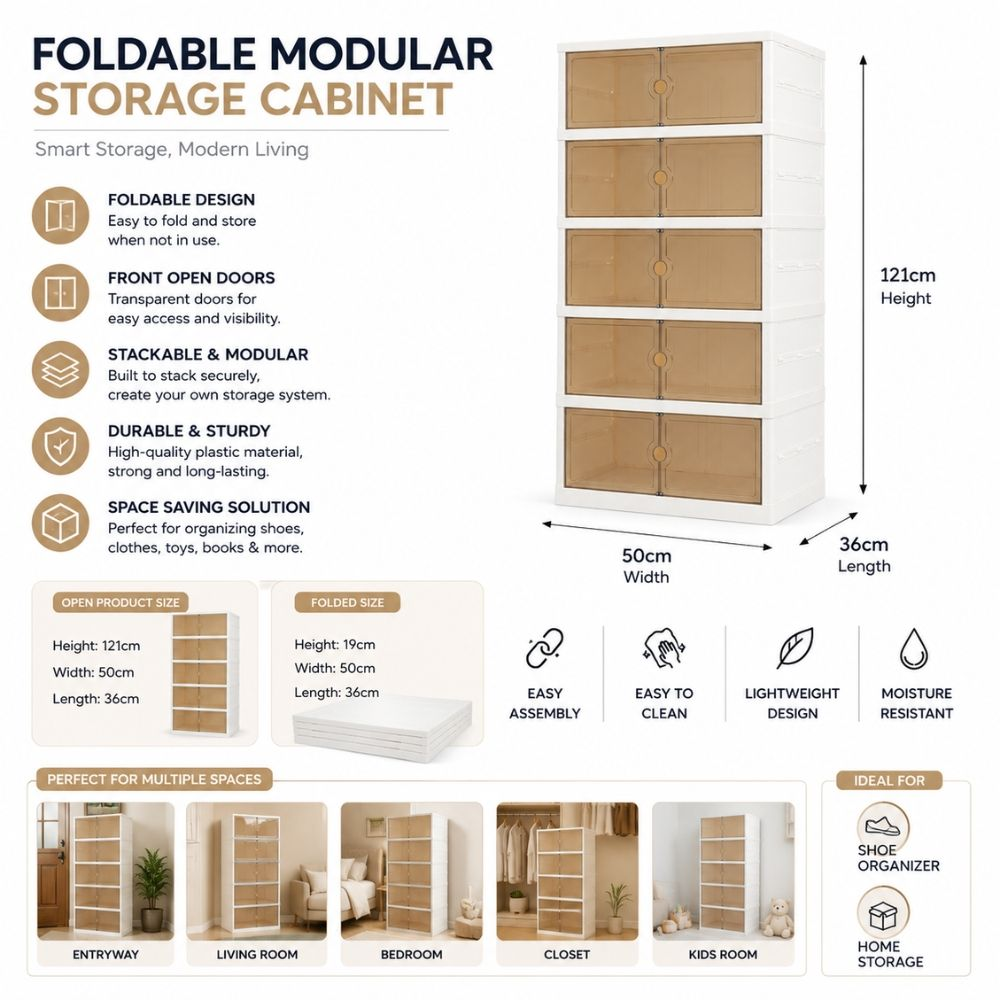 Foldable Modular 5 Tier Storage Cabinet With Magnetic Transparent Doors Home Organizer