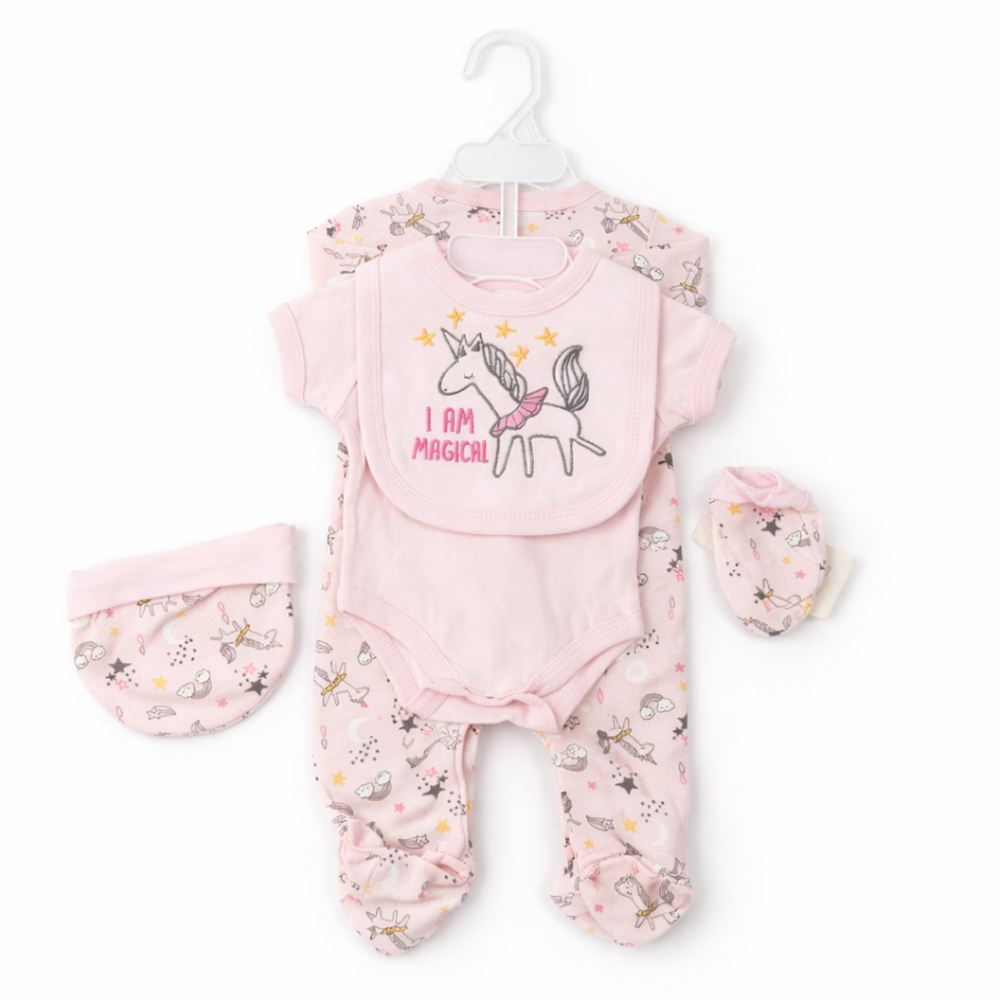 Newborn Baby Girls 5PCS Dress Set – Pure Cotton Soft Outfit (0–3 Months)