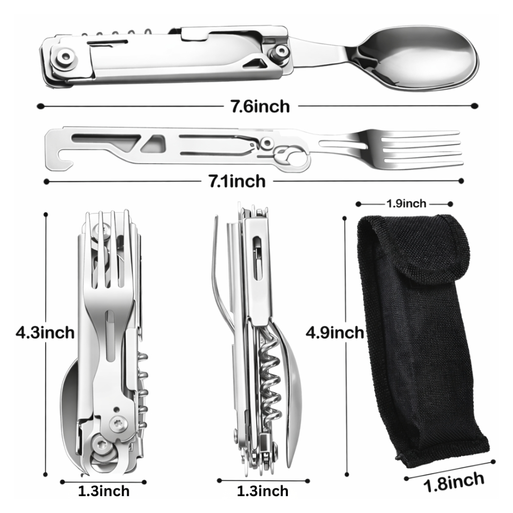 Premium Multifunctional Stainless Steel Camping Utensil Set 11cm – Portable Foldable Spoon Fork Knife Bottle Opener Travel Outdoor Tool