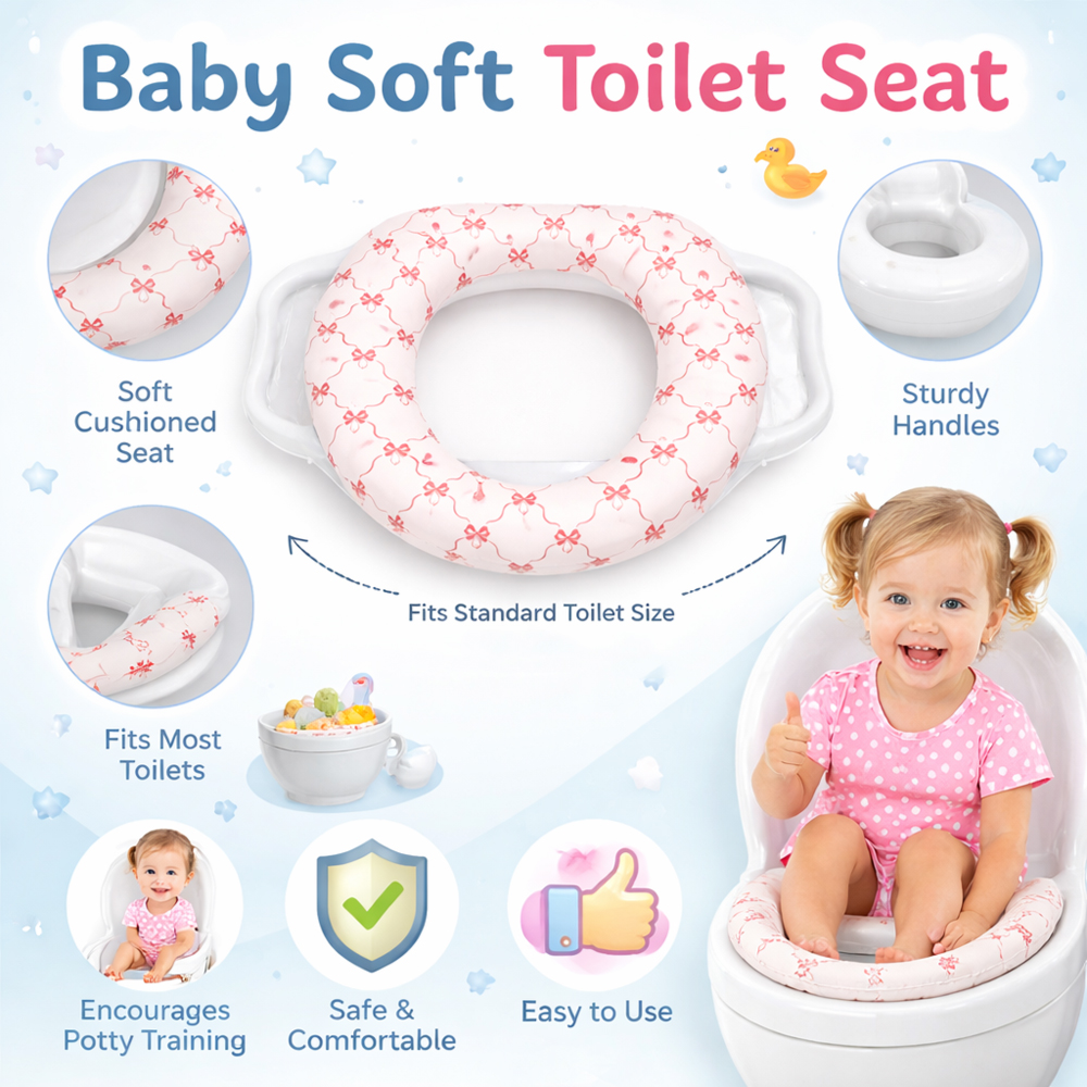Children's Padded Soft Potty Training Seat with Side Handles - Red Bow Design Secure Anti-Slip Toddler Toilet Seat for Boys and Girls