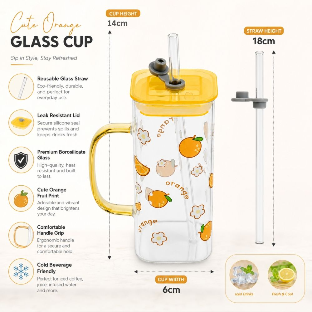 Dynamic Square Glass Mug With Cute Print, Lid Straw – Transparent (14X6Cm)