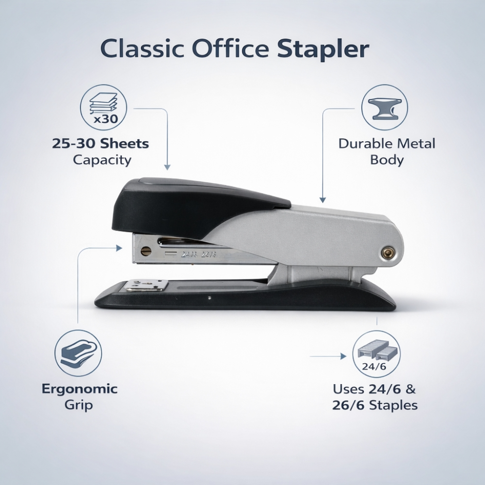 PENPAI Classic Heavy-Duty Office Stapler – 30 Sheet Capacity – Silver & Black