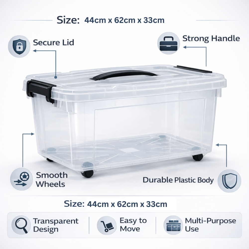 Transparent Plastic Storage Box with Secure Lid & Smooth Rolling Wheels- (65L)