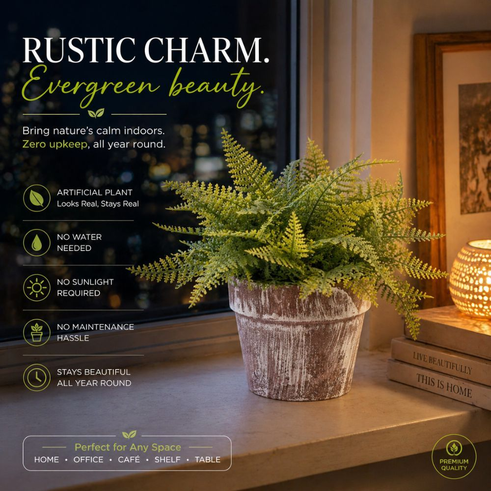 Premium Artificial Evergreen Fern Plant In Rustic Charm Decorative Pot