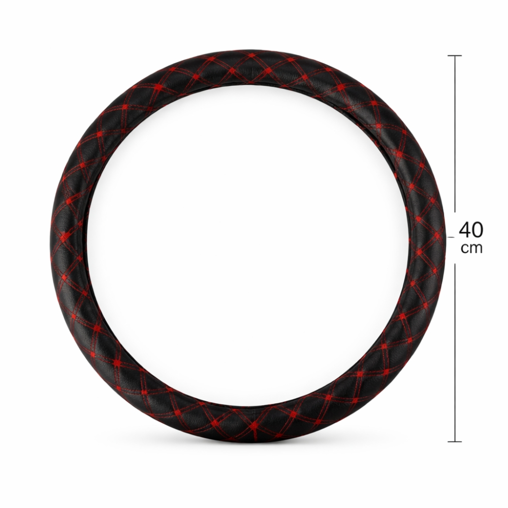 Premium Leather-Like Car Steering Wheel Cover – 38cm Universal Fit Anti-Slip Red Diamond Quilted Design