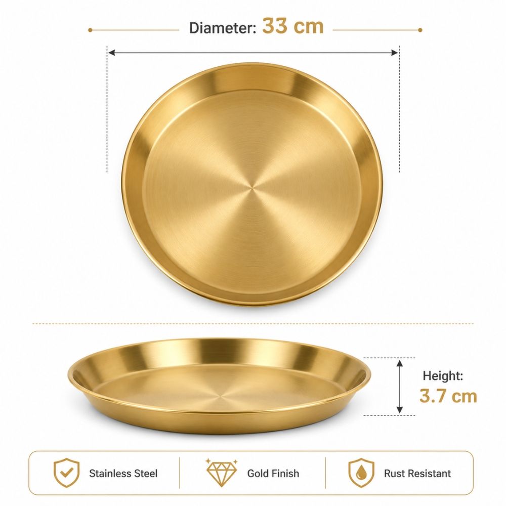 Premium Gold Stainless Steel Luxury Round Serving Tray Home Decor Dining Accessory