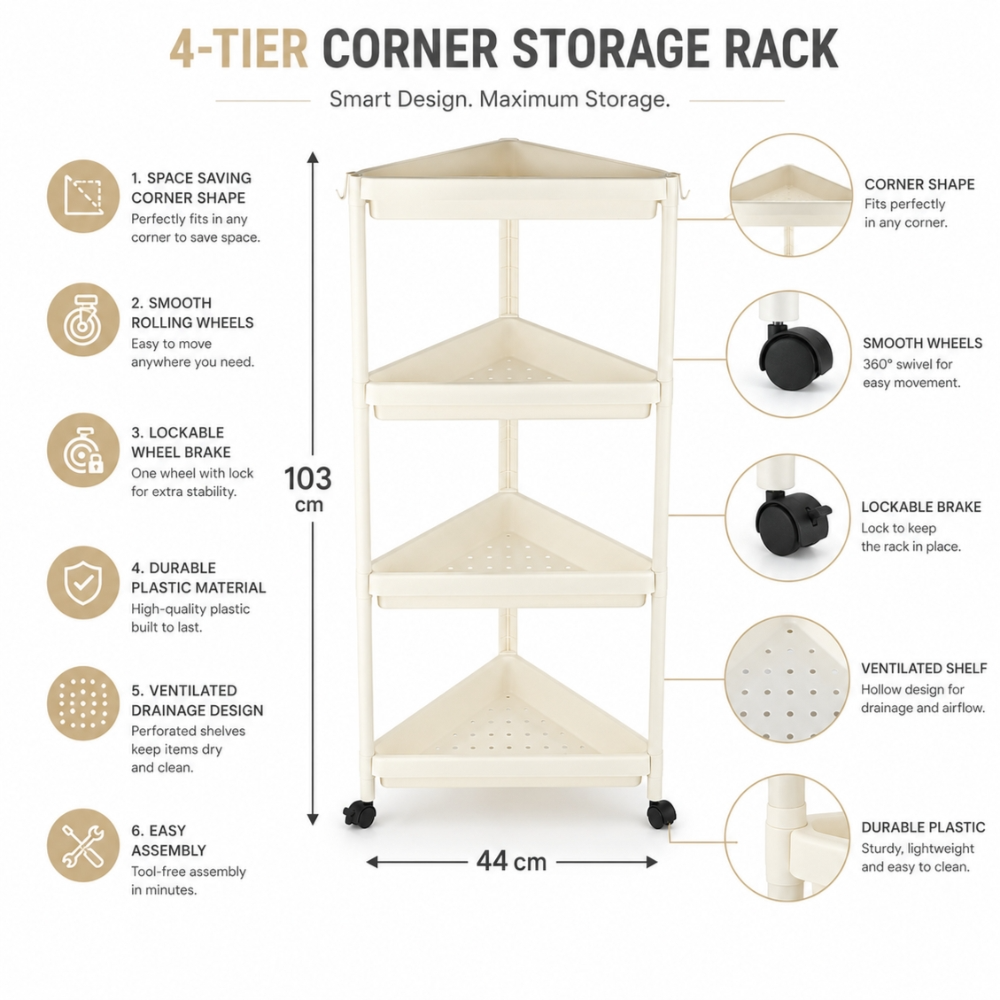 Utilitarian 4 Tier Vertical Plastic Storage Rack With Caster  Wheels 103 X 44Cm
