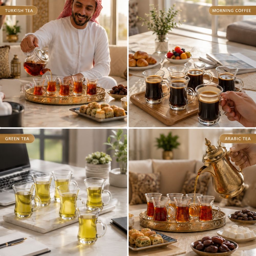 Vintage Clear Glass Tea And Coffee Cup Set Featuring A Traditional Turkish Silhouette With Handles – Transparent (6Pcs)
