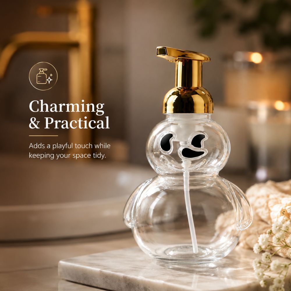 Charming Snowman Glass Foam Soap Dispenser Elegant Gold Pump Refillable Countertop Bottle