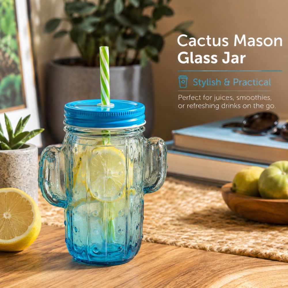Cactus Design Mason Glass JAR With Reusable Straw And Lid For Cold Drinks