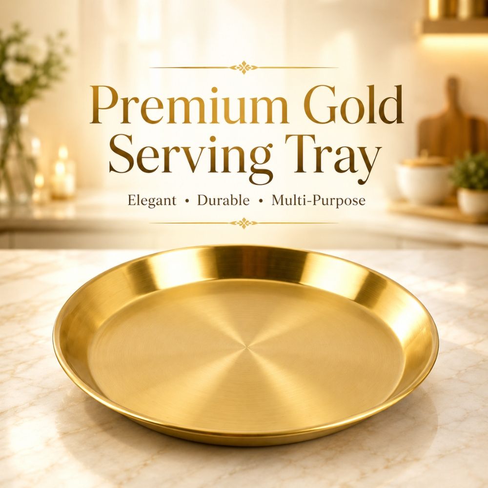 Premium Gold Stainless Steel Luxury Round Serving Tray Home Decor Dining Accessory