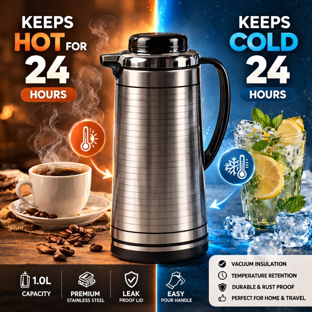 Royal Arabic Vacuum Flask 1.5L – Luxury Black & Gold Peacock Design Thermos, 24-Hour Heat Retention, Premium Stainless Steel, Height 34cm