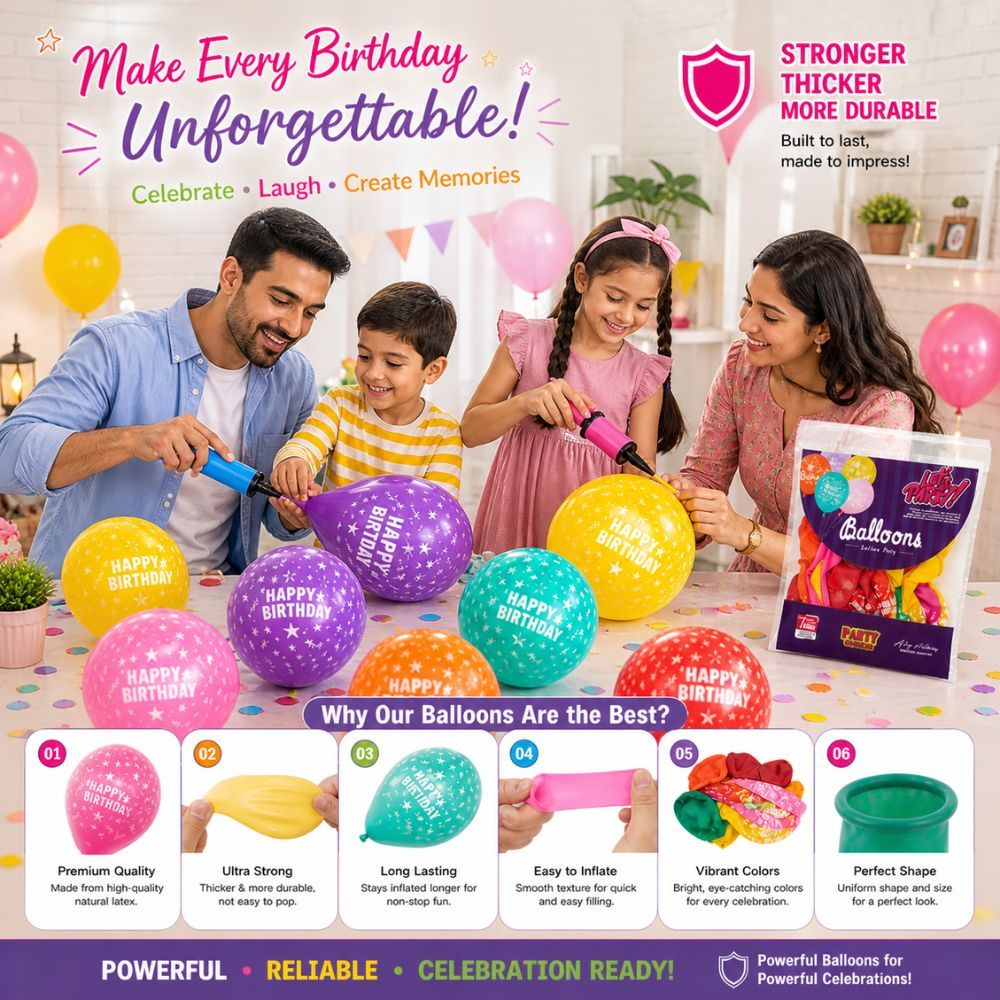 Premium High Quality Natural Latex Happy Birthday Party Printed Balloons Decoration Pack
