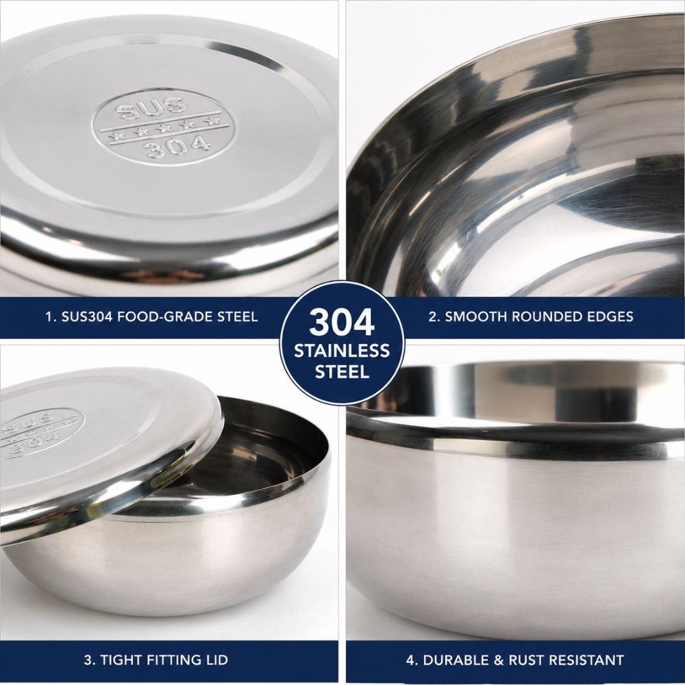 Premium Stainless Steel Food Storage Bowl With Lid – Mirror (12x5cm)