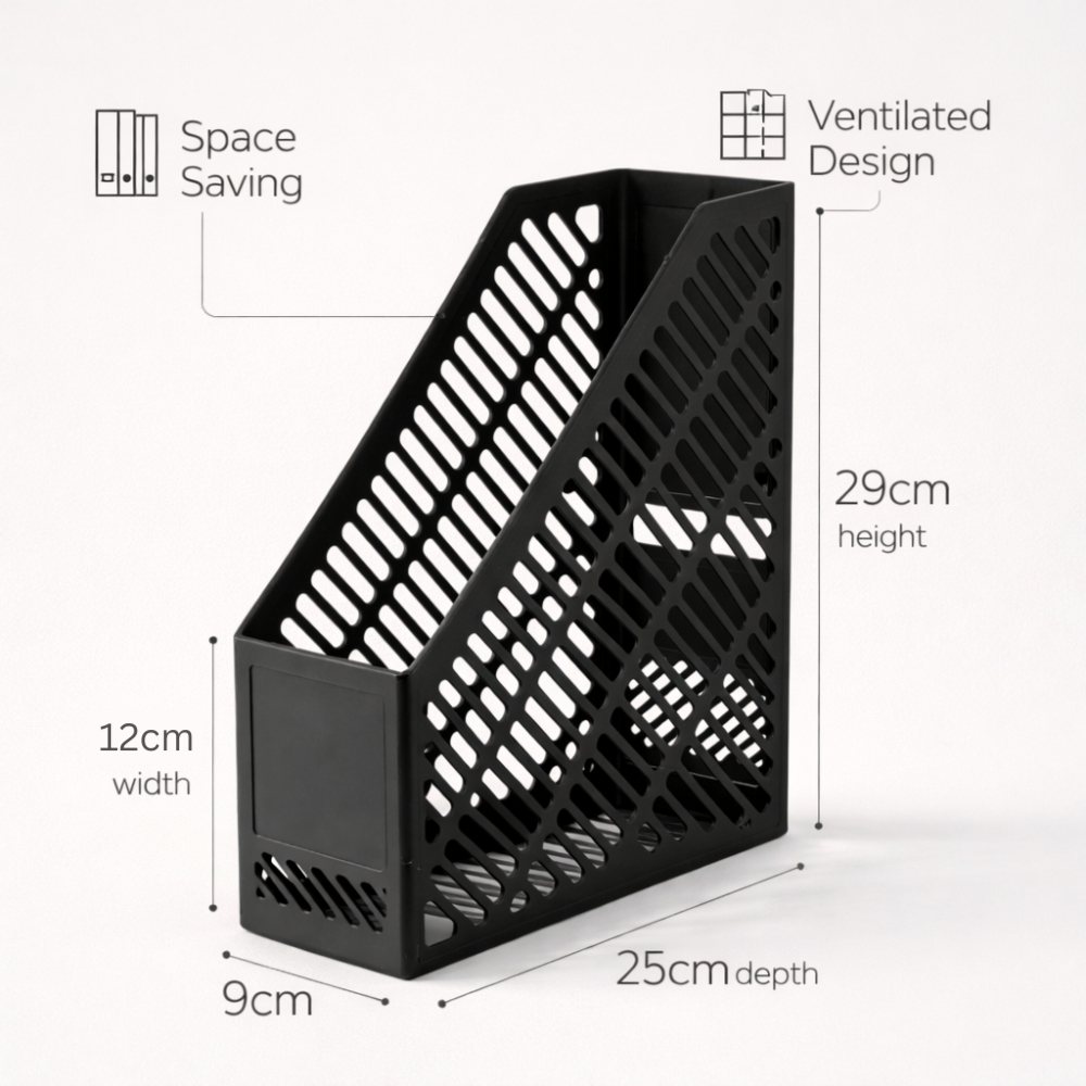 Plastic Magazine File Holder – Office Document Organizer Rack (29cm × 9cm × 25cm)