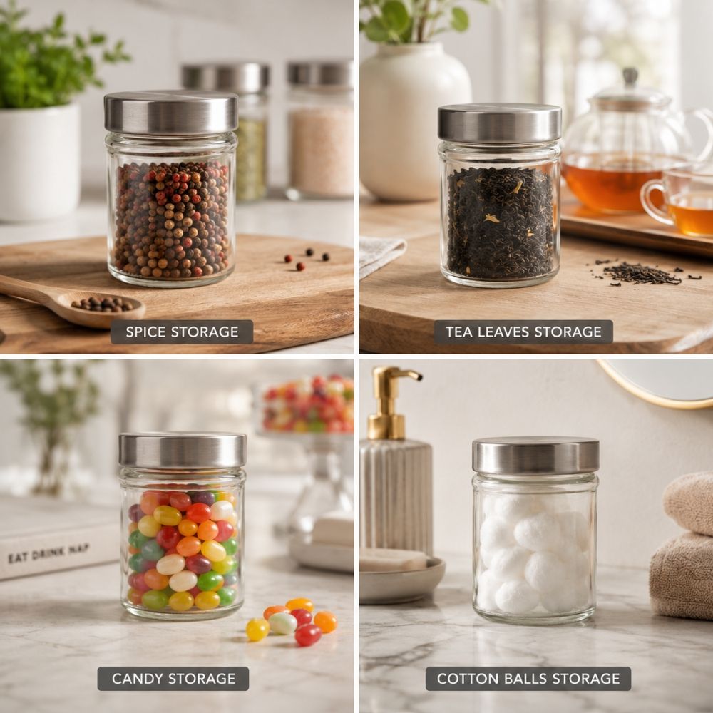 Premium Glass Storage Jar With Stainless Steel Lid Wide Mouth - 10X8.5Cm Transparent