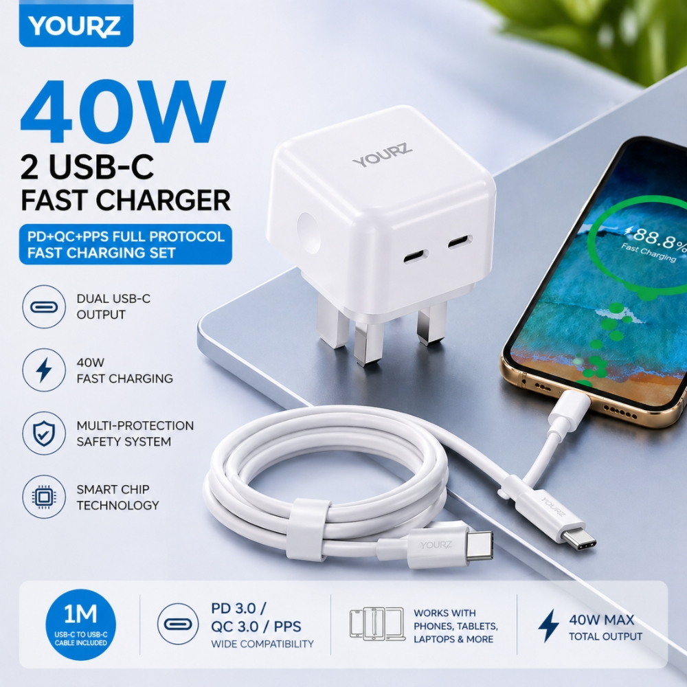 YOURZ 40W Dual Type-C Fast Wall Charger + 1m 60W Type-C Data Cable Set