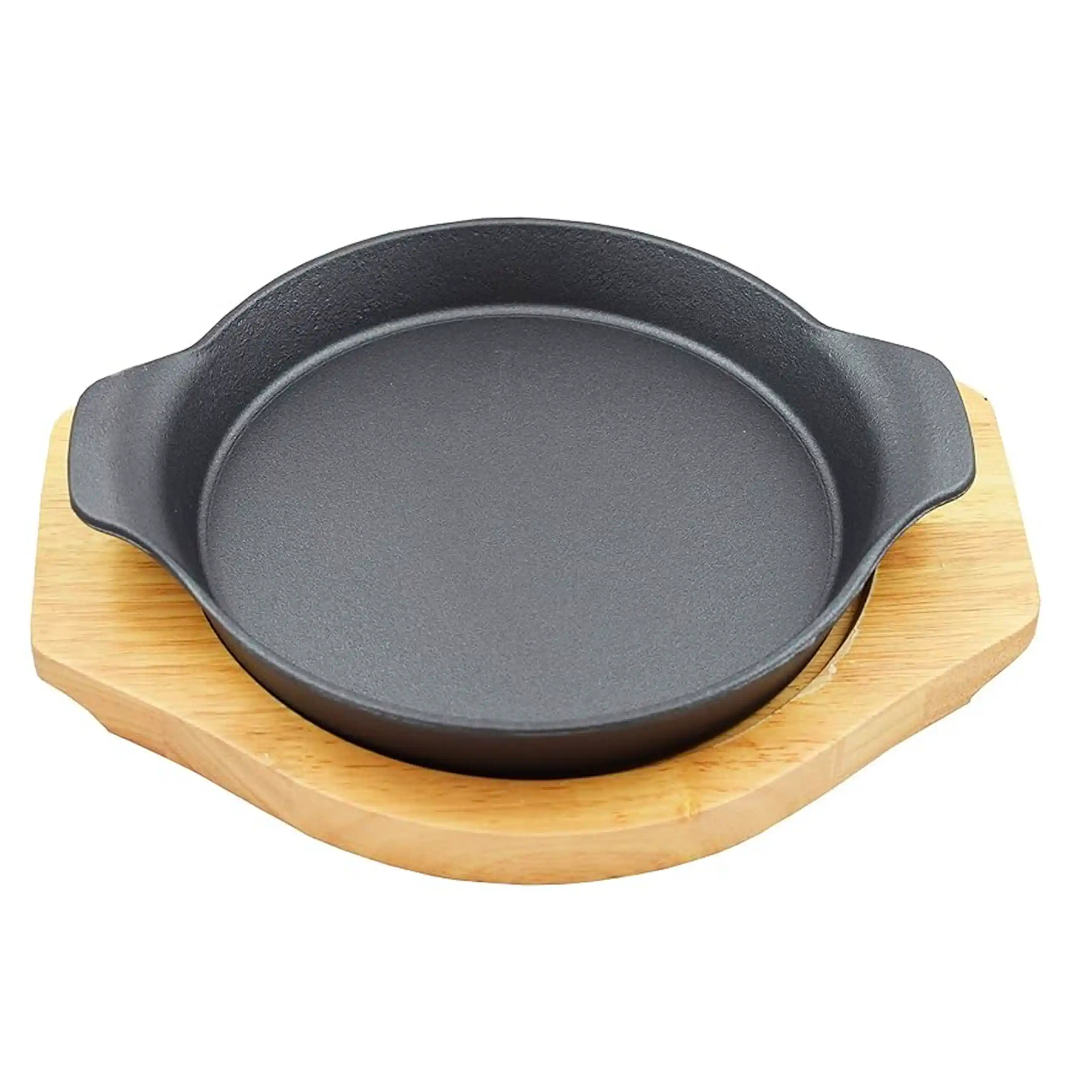 Iron Sizzler Plate with Wooden Base, Heavy-Duty & Reusable (Round Shape)