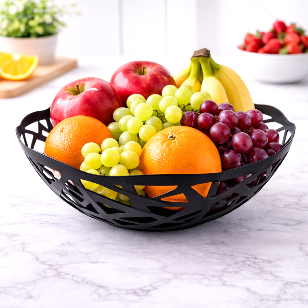 Stylish Black Metal Fruit Basket 20x9cm – Modern Artistic Cut Design Decorative Serving Bowl for Dining Table