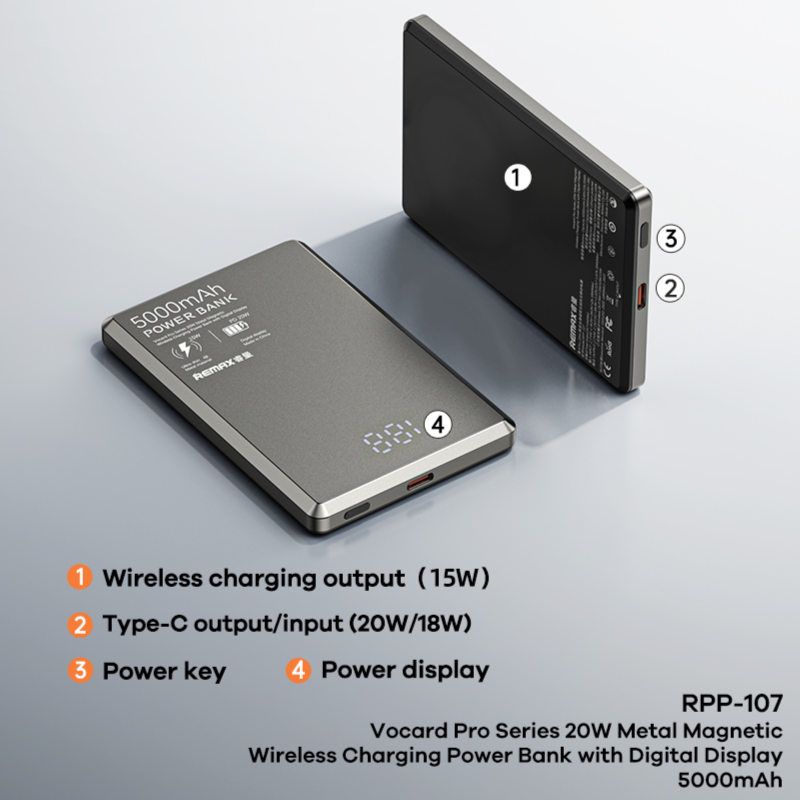 REMAX RPP-107 20W Metal Magnetic Wireless Charging Digital Display Portable Mobile Phone External Battery 5000mAh Power Bank